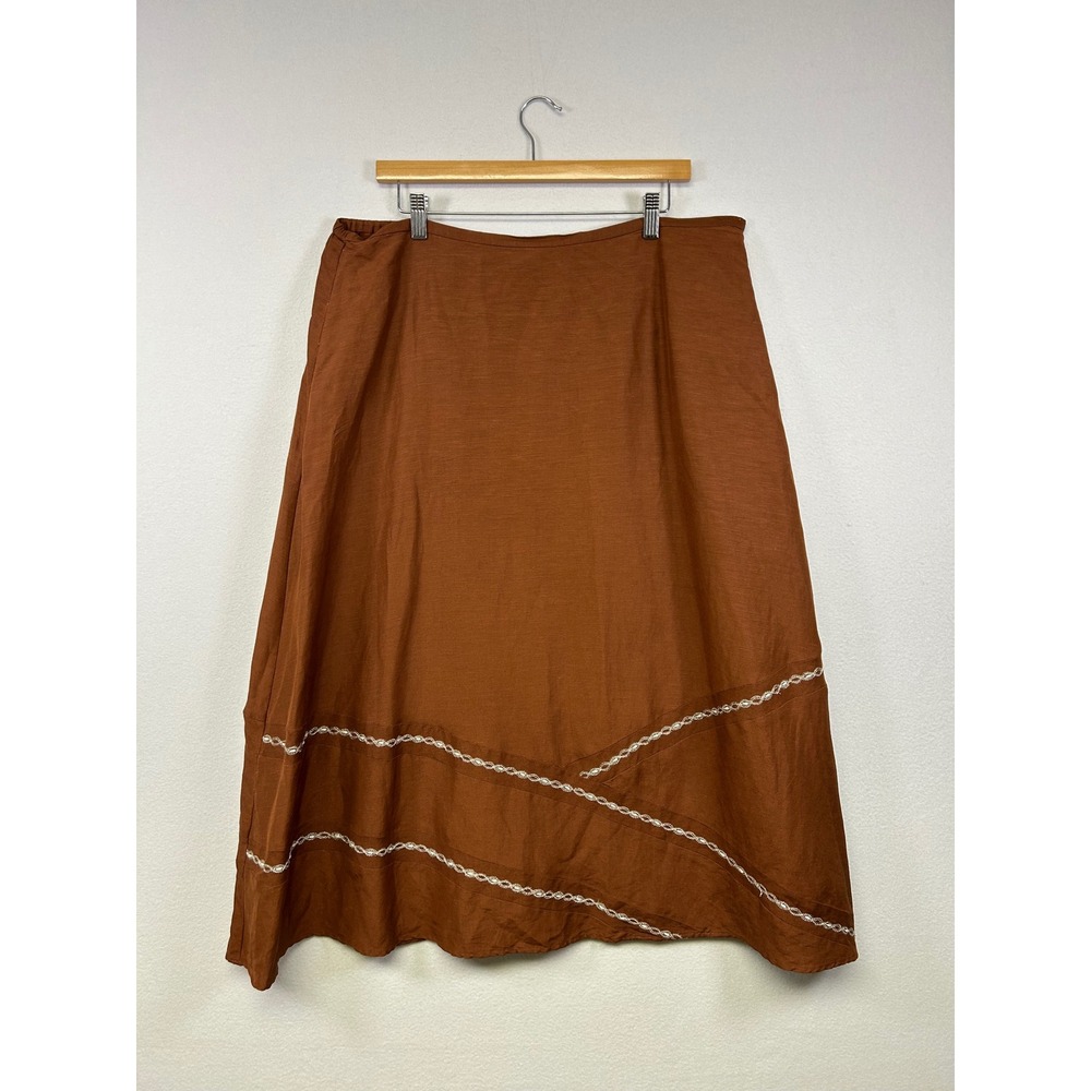 Boho Cottagecore Marsh Landing Women XL Brown Linen Blend Embroidered Midi Skirt